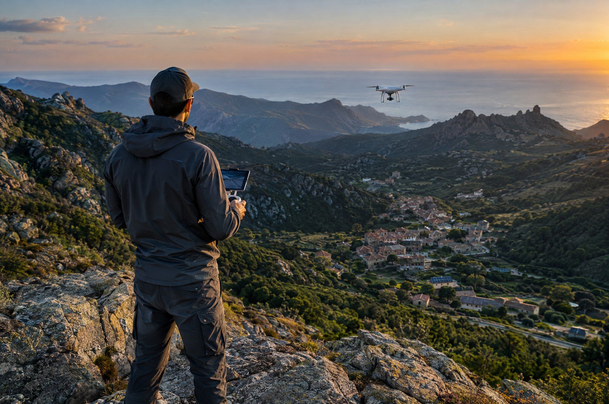 Télépilote de dos, radiocommande en main, drone en vol au-dessus d’un paysage corse