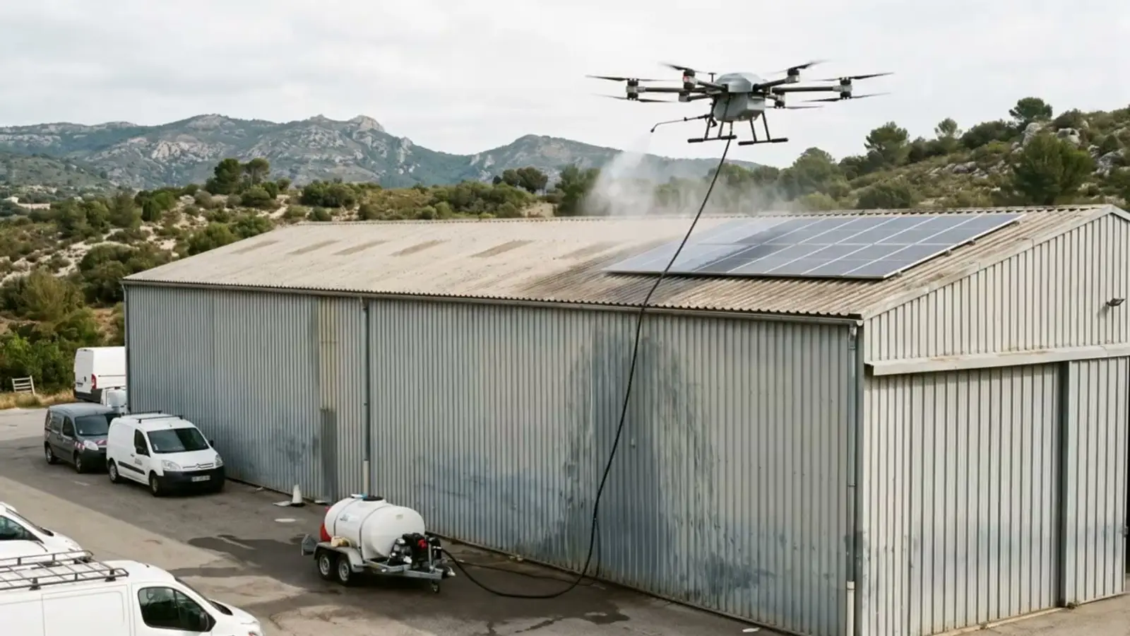 Illustration : gros drone de nettoyage au-dessus de la toiture photovoltaïque d’un haut hangar, relié par un tuyau qui descend le long du bardage jusqu’à une remorque-pompe au sol