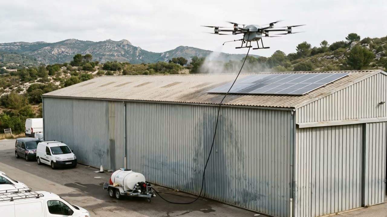 Illustration : gros drone de nettoyage au-dessus de la toiture photovoltaïque d’un haut hangar, relié par un tuyau qui descend le long du bardage jusqu’à une remorque-pompe au sol