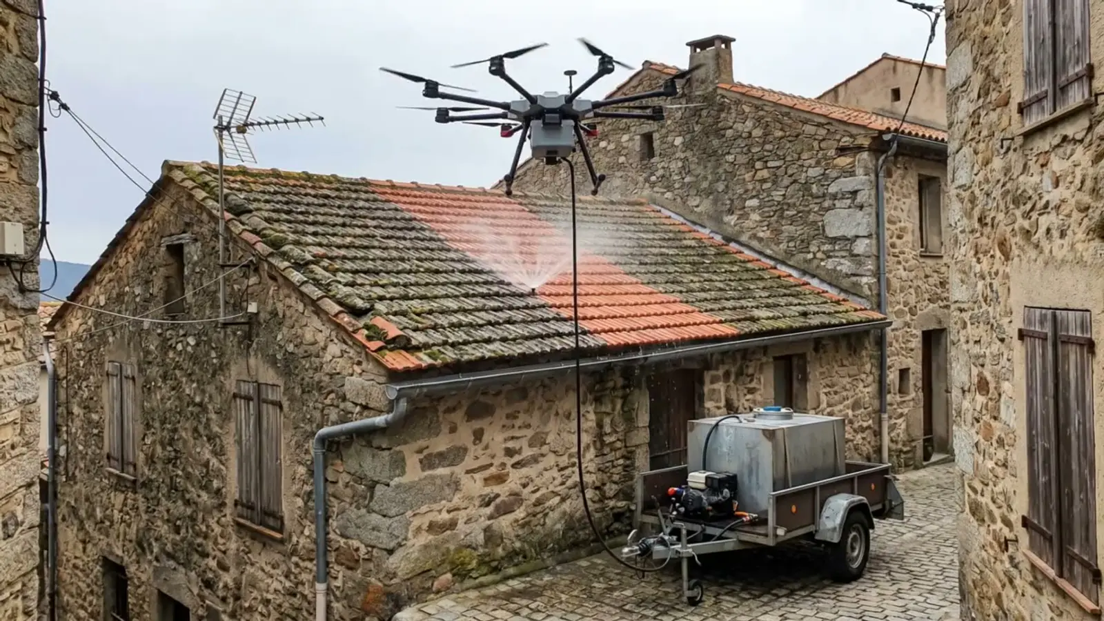 Illustration : gros drone de nettoyage relié par un tuyau à une remorque-pompe, rinçant une toiture en tuiles canal moussue dans une ruelle de village corse