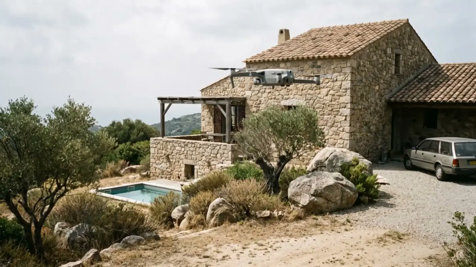 Illustration : petit drone photo filmant une villa corse en pierre avec piscine, oliviers et maquis