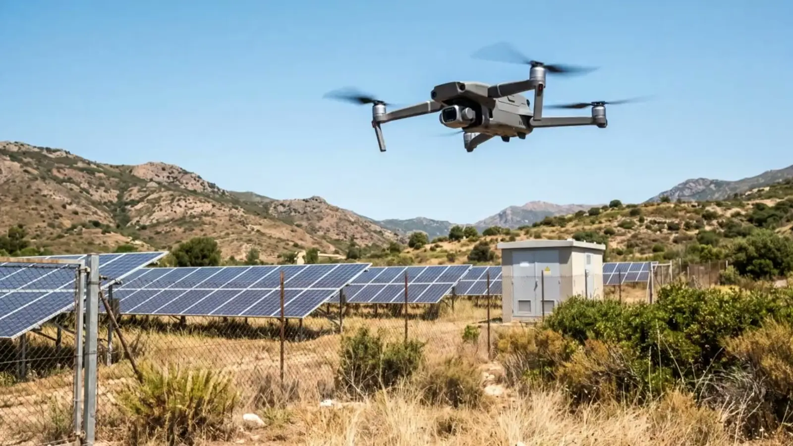 Illustration : drone d’inspection à caméra thermique survolant une petite centrale solaire au sol dans une vallée corse
