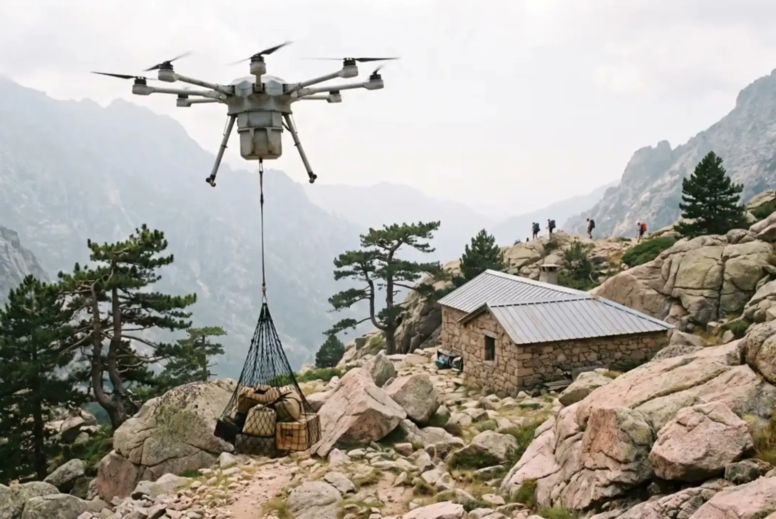 Illustration : drone de transport emportant une charge suspendue au-dessus d’un relief corse