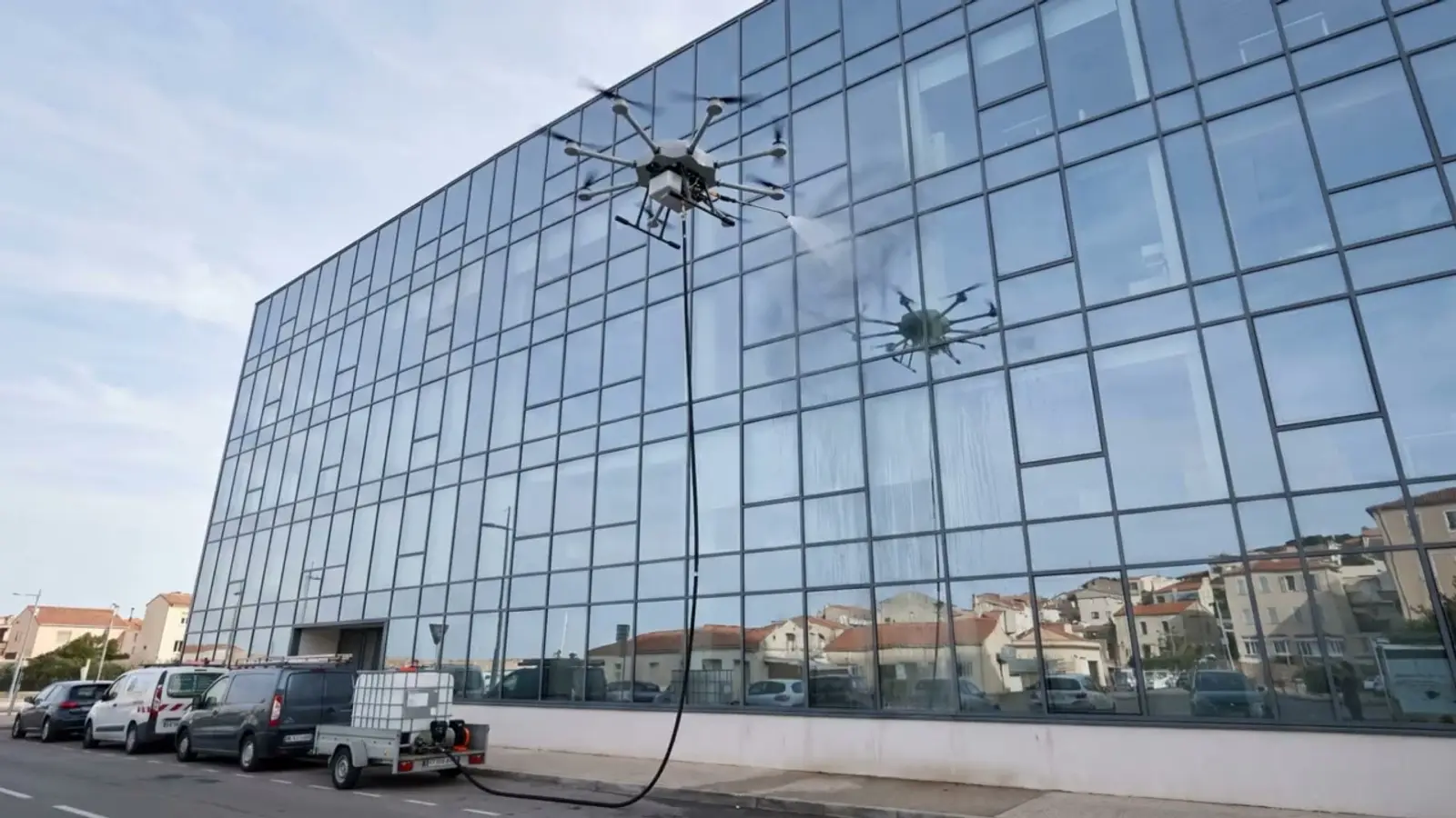 Illustration : drone de nettoyage relié par un long tuyau à une remorque sur le trottoir, pulvérisant de l’eau pure sur les vitrages des étages supérieurs d’un immeuble de bureaux