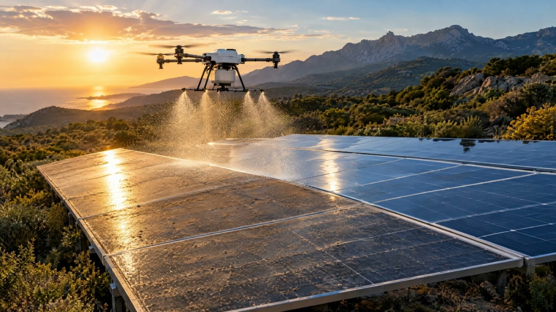 Drone de nettoyage pulvérisant une brume d’eau au-dessus d’une rangée de panneaux solaires, maquis corse en arrière-plan