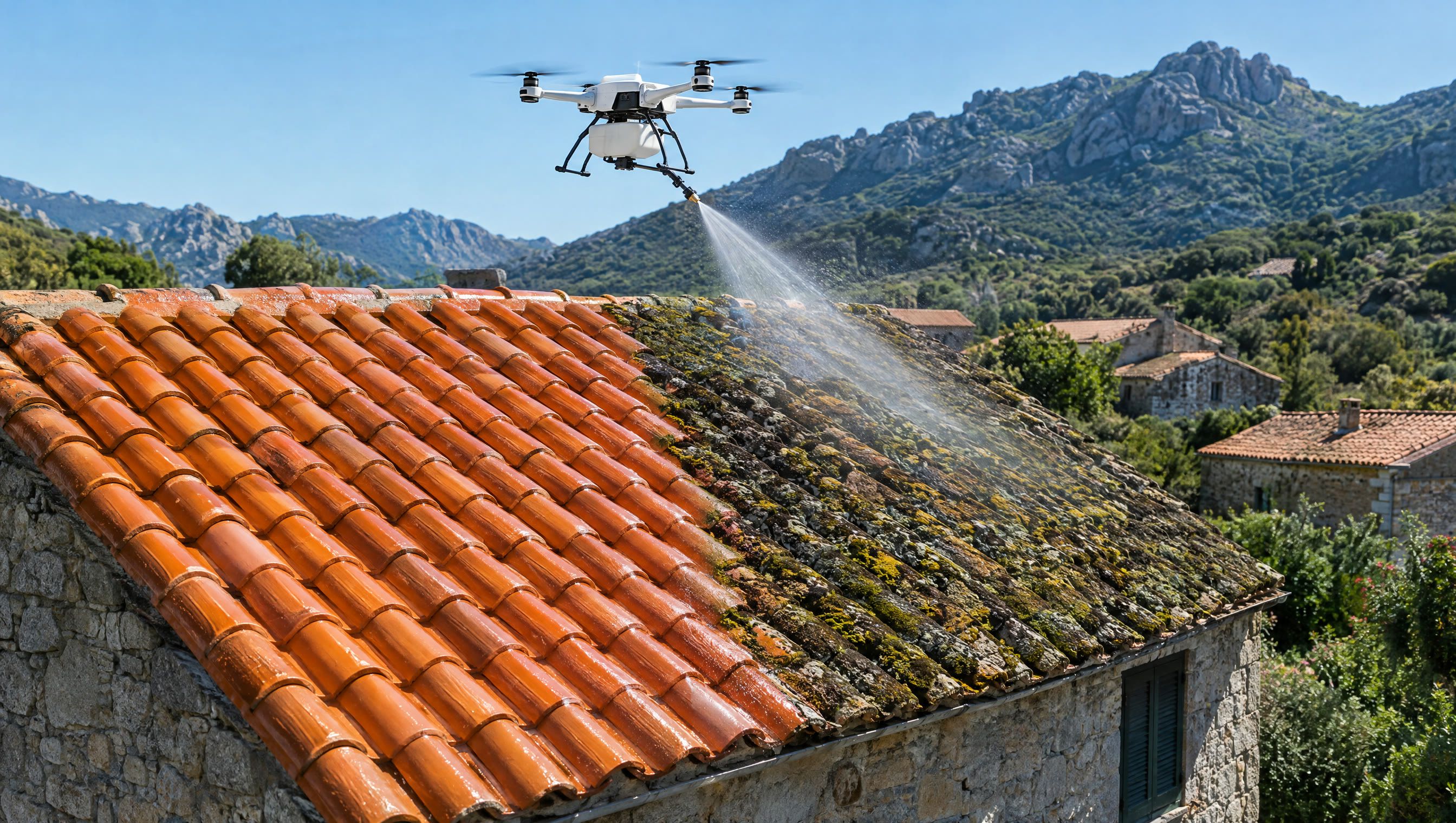 Illustration : drone de nettoyage pulvérisant un traitement anti-mousse sur une toiture en tuiles canal, moitié déjà propre, moitié couverte de mousse