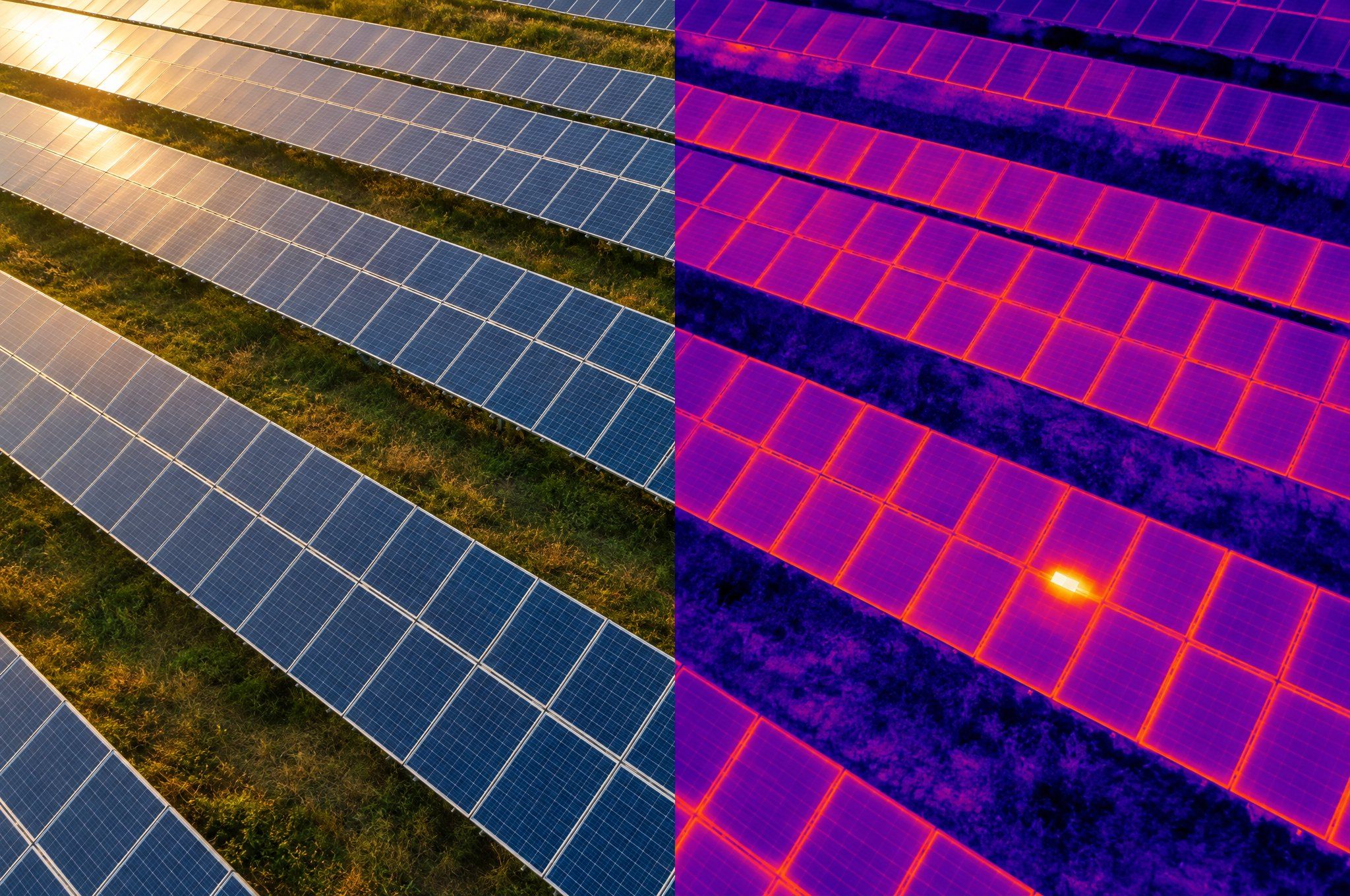 Composition : moitié panneaux solaires propres en lumière visible, moitié vue thermique des mêmes modules