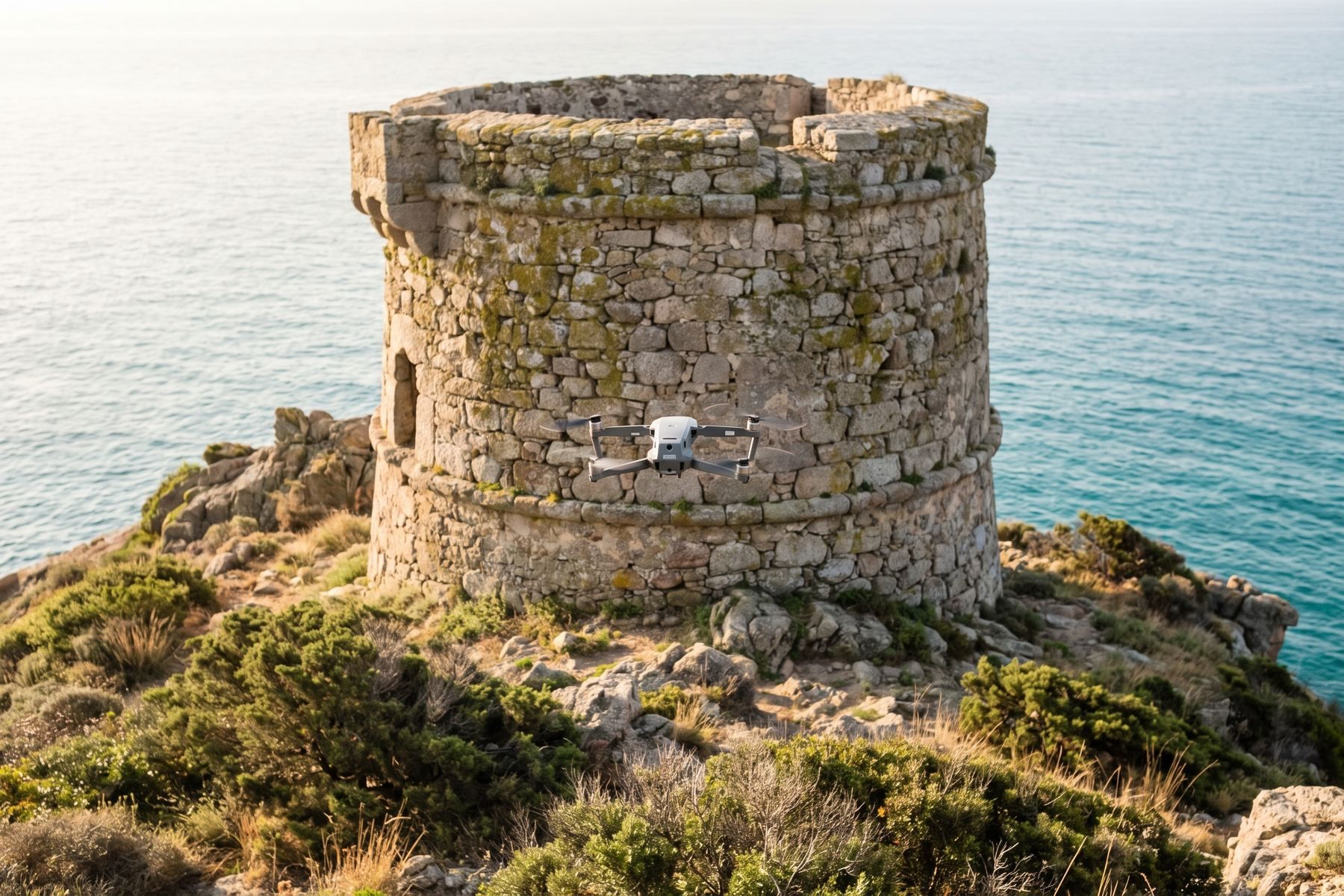 Illustration : petit drone d’inspection à quelques mètres d’une tour génoise en pierre sur un cap rocheux, au-dessus de la mer