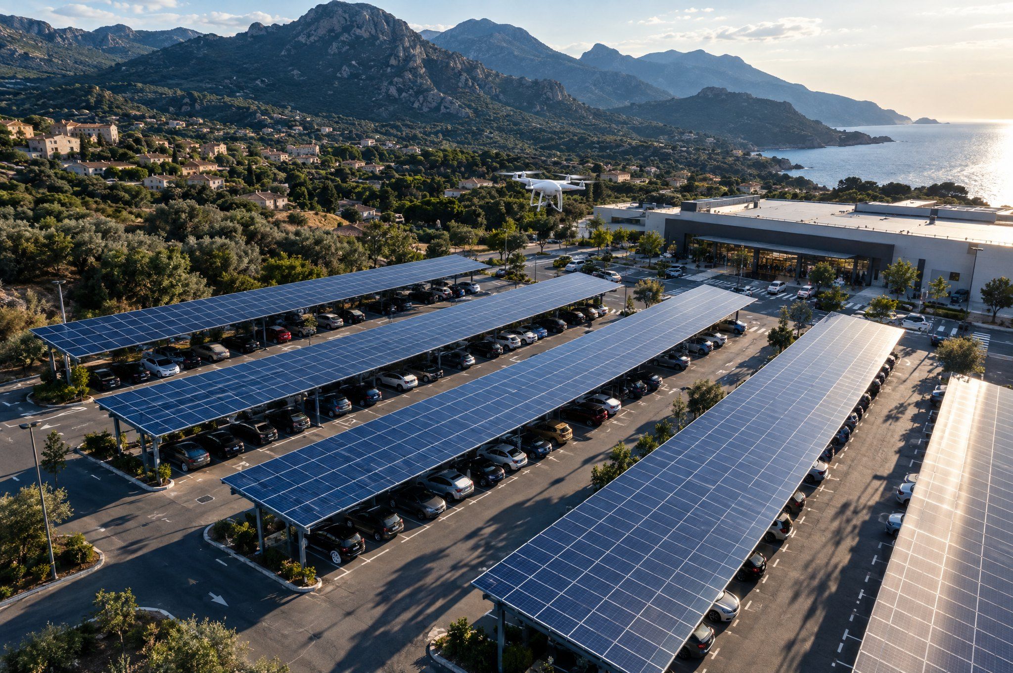 Ombrières photovoltaïques au-dessus d’un parking de supermarché, drone en vol