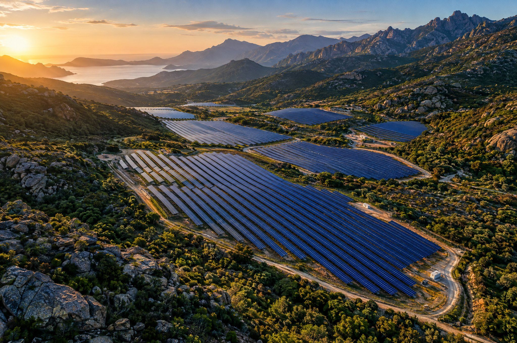 Centrale photovoltaïque au sol dans une vallée corse, entre maquis et mer