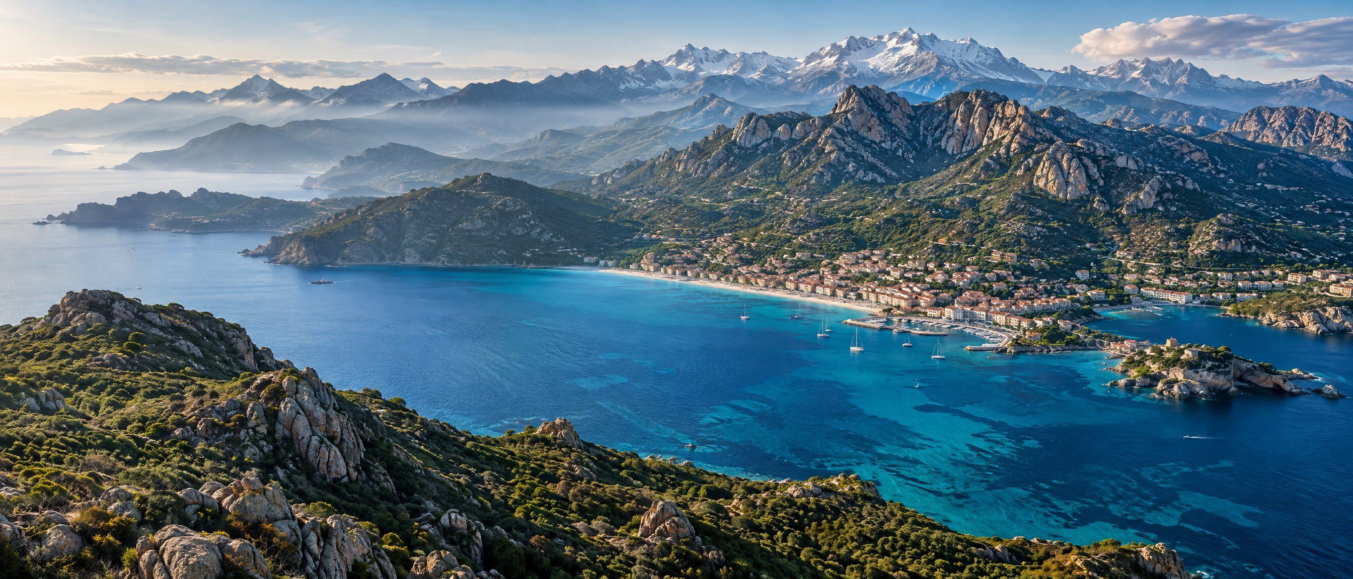 Panorama aérien de la Corse : montagnes, maquis et golfe